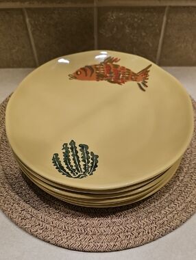 New Set Of 6 Threshold 9in. Coastal Stoneware Yellow Fish Dinner Plates